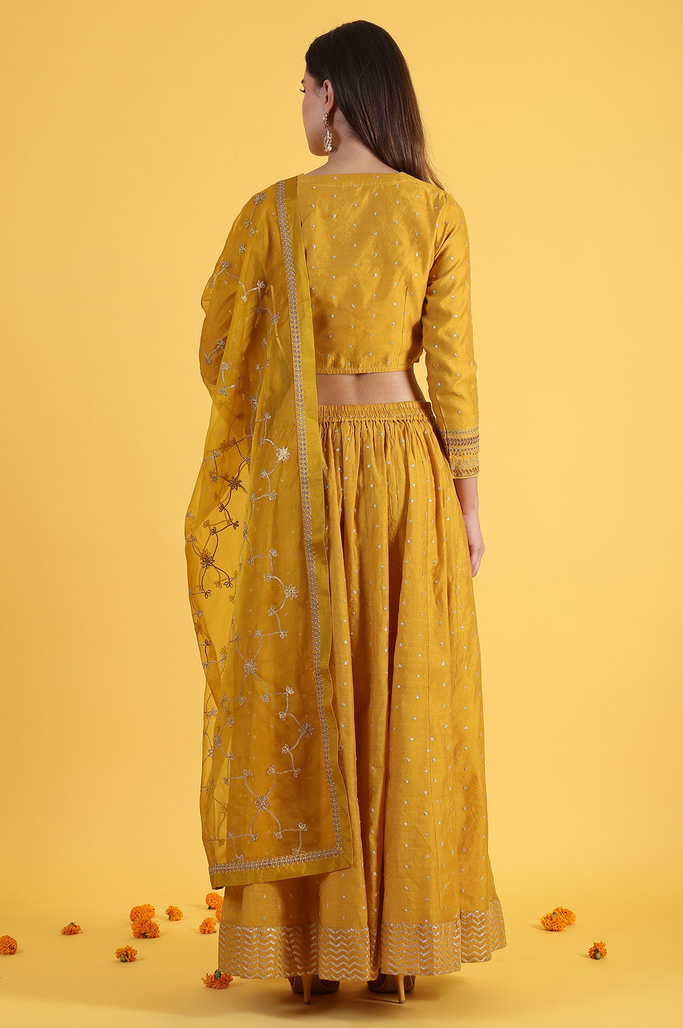 Yellow Metallic Embroidery Crop Top &amp; Skirt with Dupatta Set