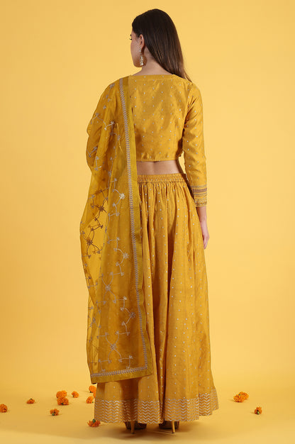 Yellow Metallic Embroidery Crop Top &amp; Skirt with Dupatta Set