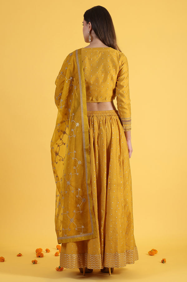Yellow Metallic Embroidery Crop Top & Skirt with Dupatta Set