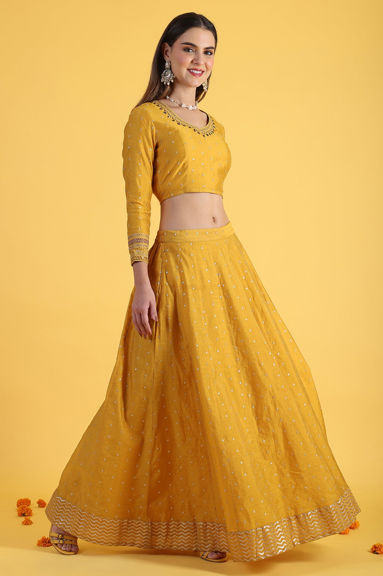 Yellow Metallic Embroidery Crop Top &amp; Skirt with Dupatta Set