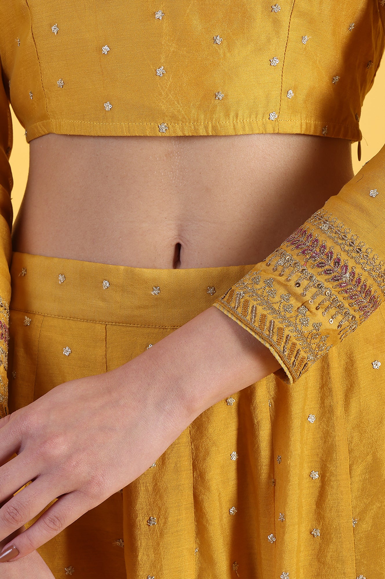 Yellow Metallic Embroidery Crop Top &amp; Skirt with Dupatta Set
