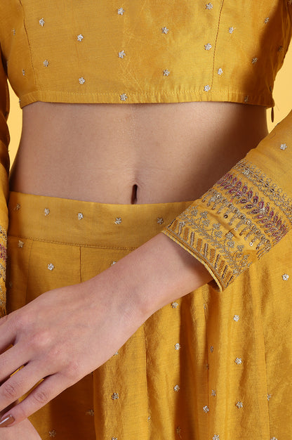 Yellow Metallic Embroidery Crop Top &amp; Skirt with Dupatta Set