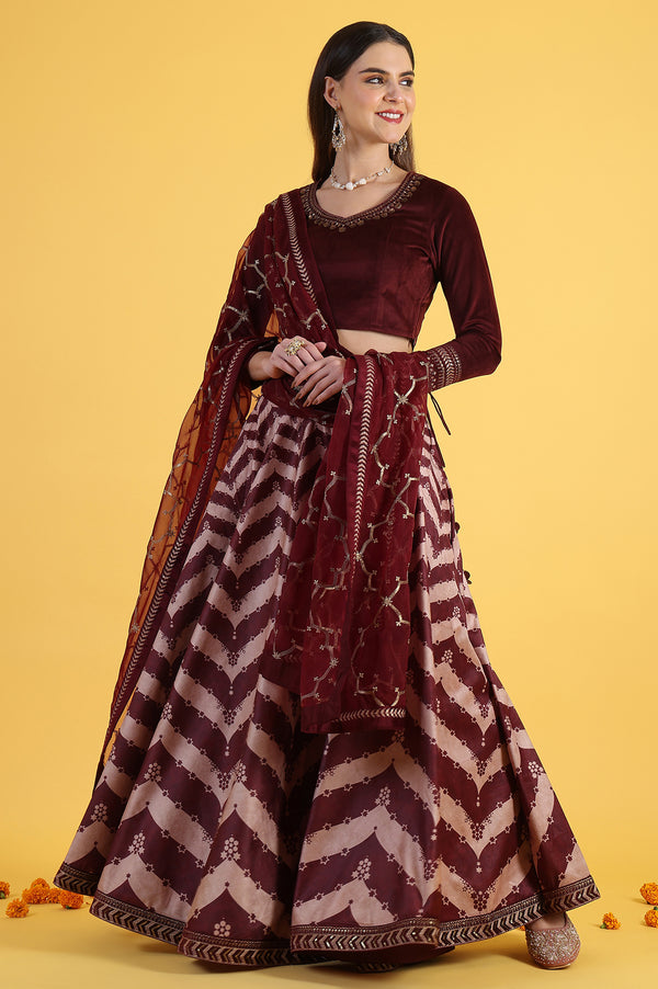 Maroon Solid Metallic Embroidery Flarred Top & Skirt with Dupatta Set