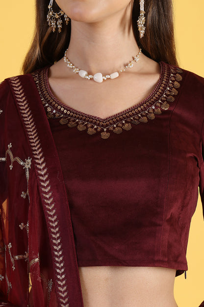 Maroon Solid Metallic Embroidery Flarred Top &amp; Skirt with Dupatta Set