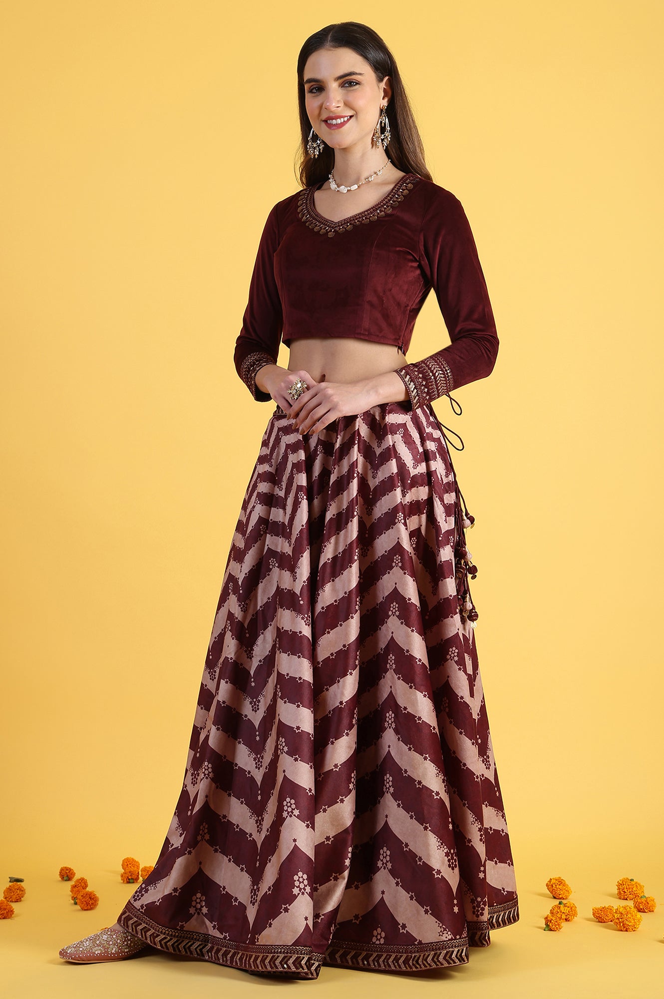Maroon Solid Metallic Embroidery Flarred Top &amp; Skirt with Dupatta Set