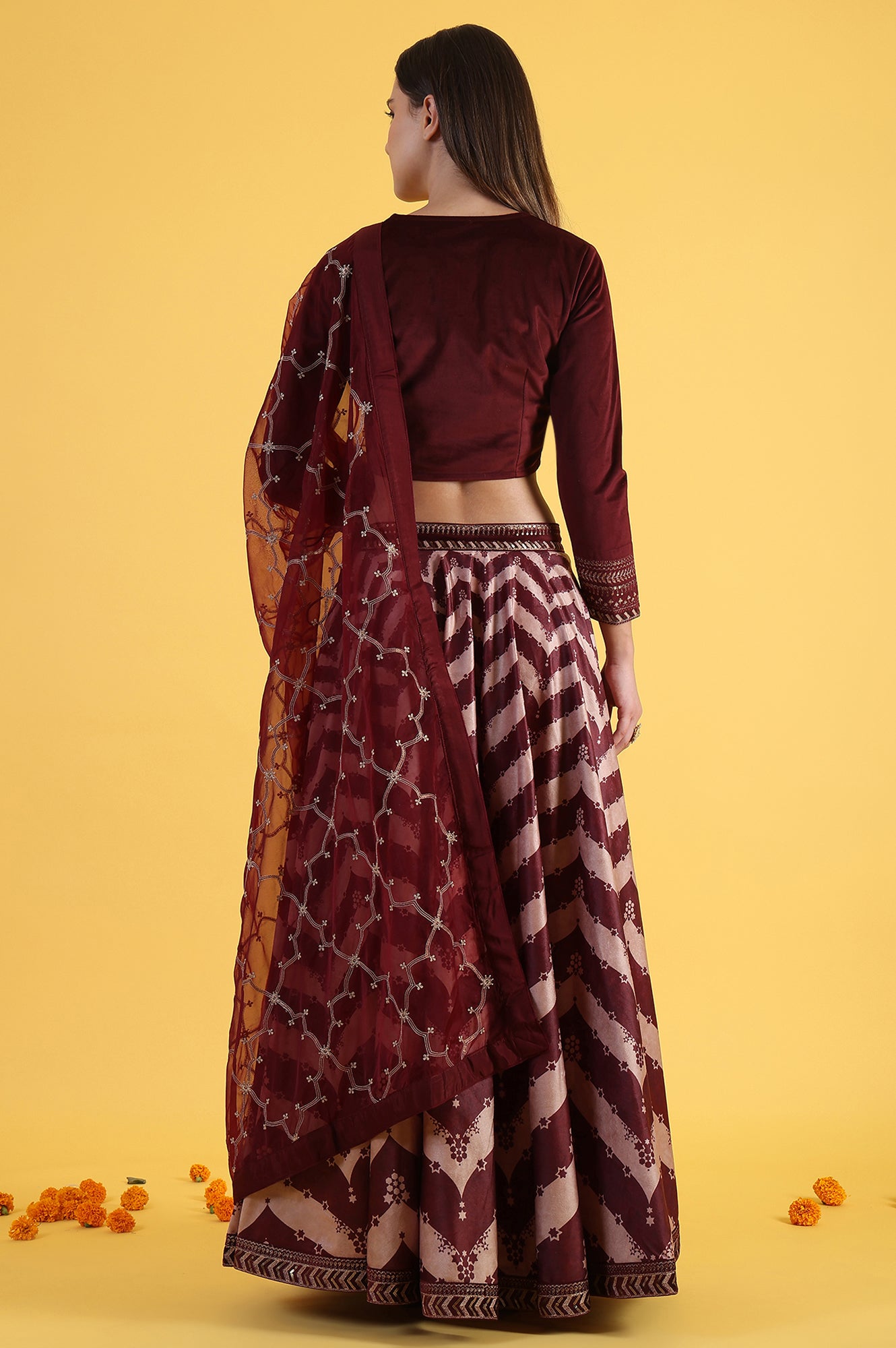 Maroon Solid Metallic Embroidery Flarred Top &amp; Skirt with Dupatta Set