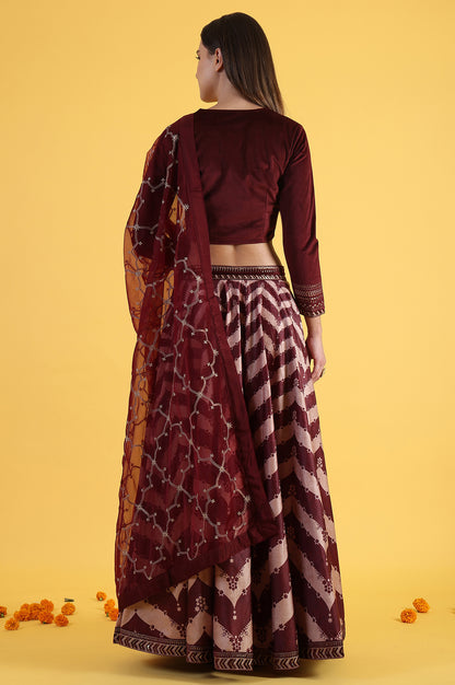 Maroon Solid Metallic Embroidery Flarred Top &amp; Skirt with Dupatta Set