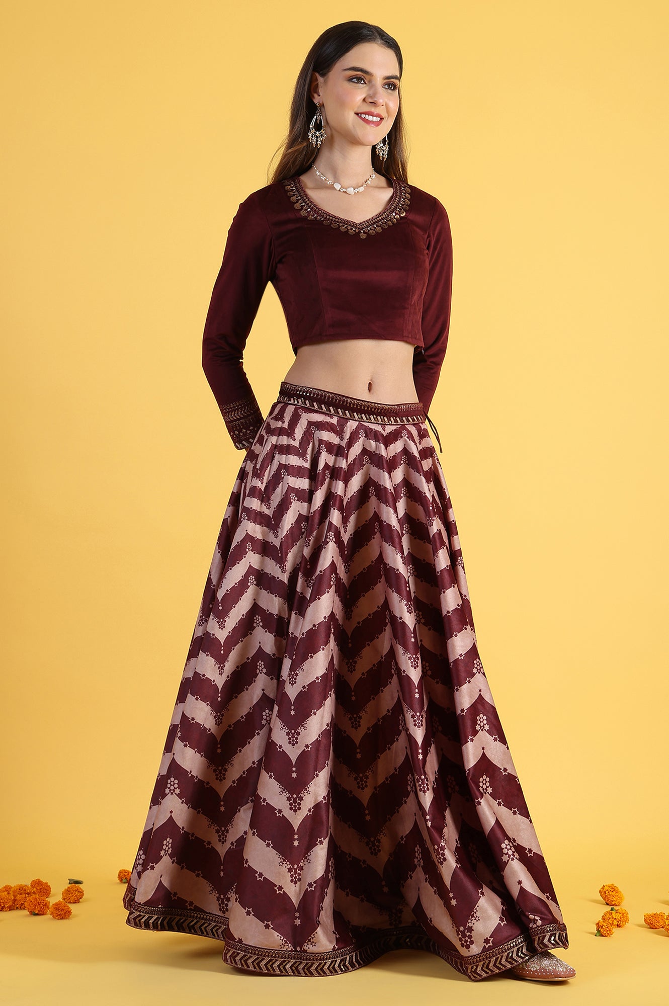 Maroon Solid Metallic Embroidery Flarred Top &amp; Skirt with Dupatta Set