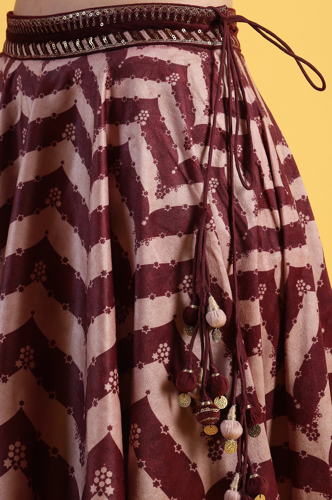 Maroon Solid Metallic Embroidery Flarred Top &amp; Skirt with Dupatta Set