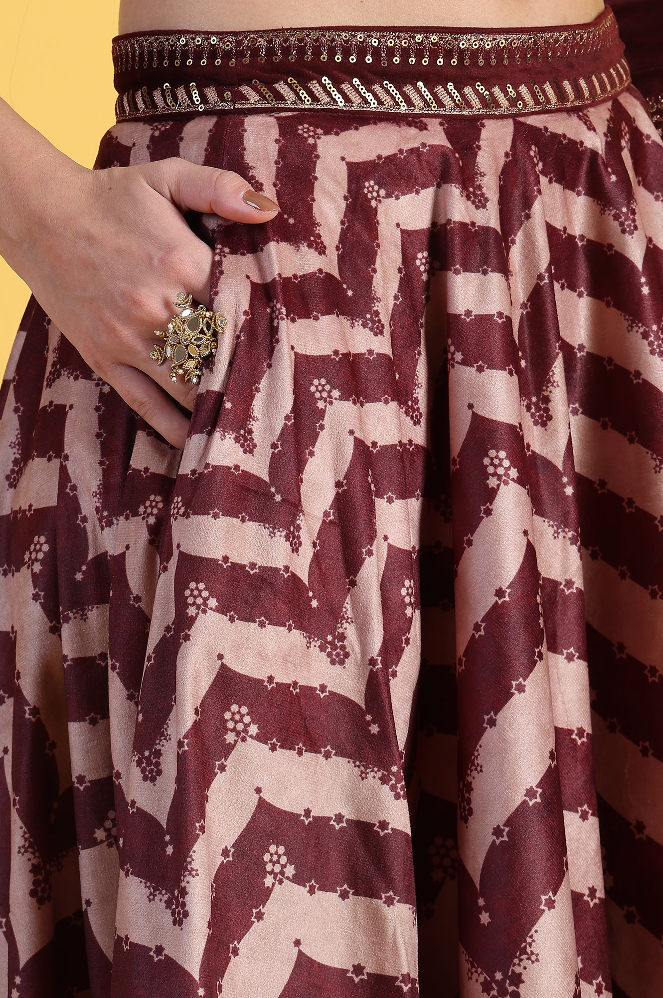 Maroon Solid Metallic Embroidery Flarred Top &amp; Skirt with Dupatta Set