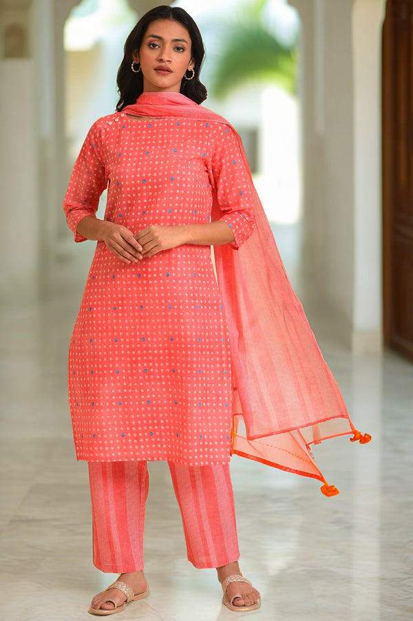 Light Red Printed Kurta, Pants & Dupatta Co-Ord Set