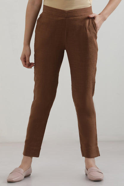 Brown Solid Cotton Blend Straight Trousers &amp; Pants