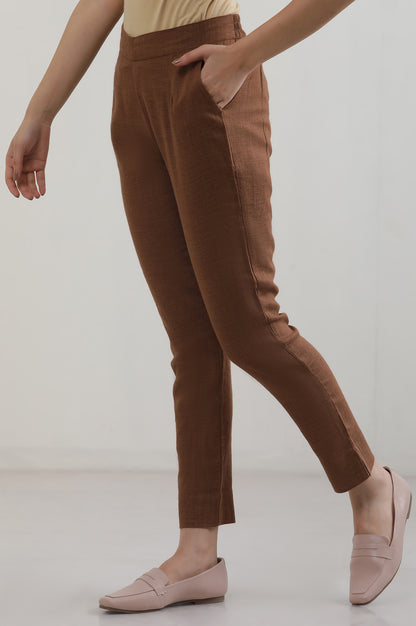 Brown Solid Cotton Blend Straight Trousers &amp; Pants