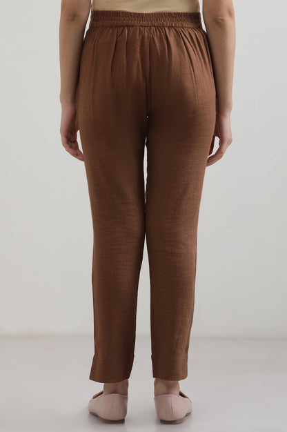 Brown Solid Cotton Blend Straight Trousers &amp; Pants