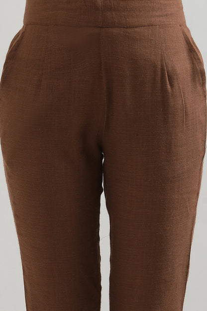 Brown Solid Cotton Blend Straight Trousers &amp; Pants