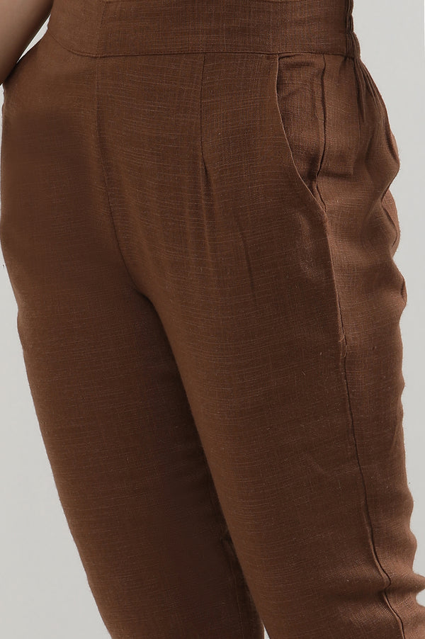 Elleven Women's Brown Solid Straight Fit Cotton Pants