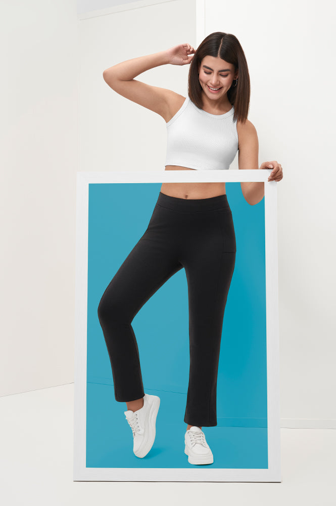 Elleven Women's Black Solid Flared Pants With Elasticated Waist - XS