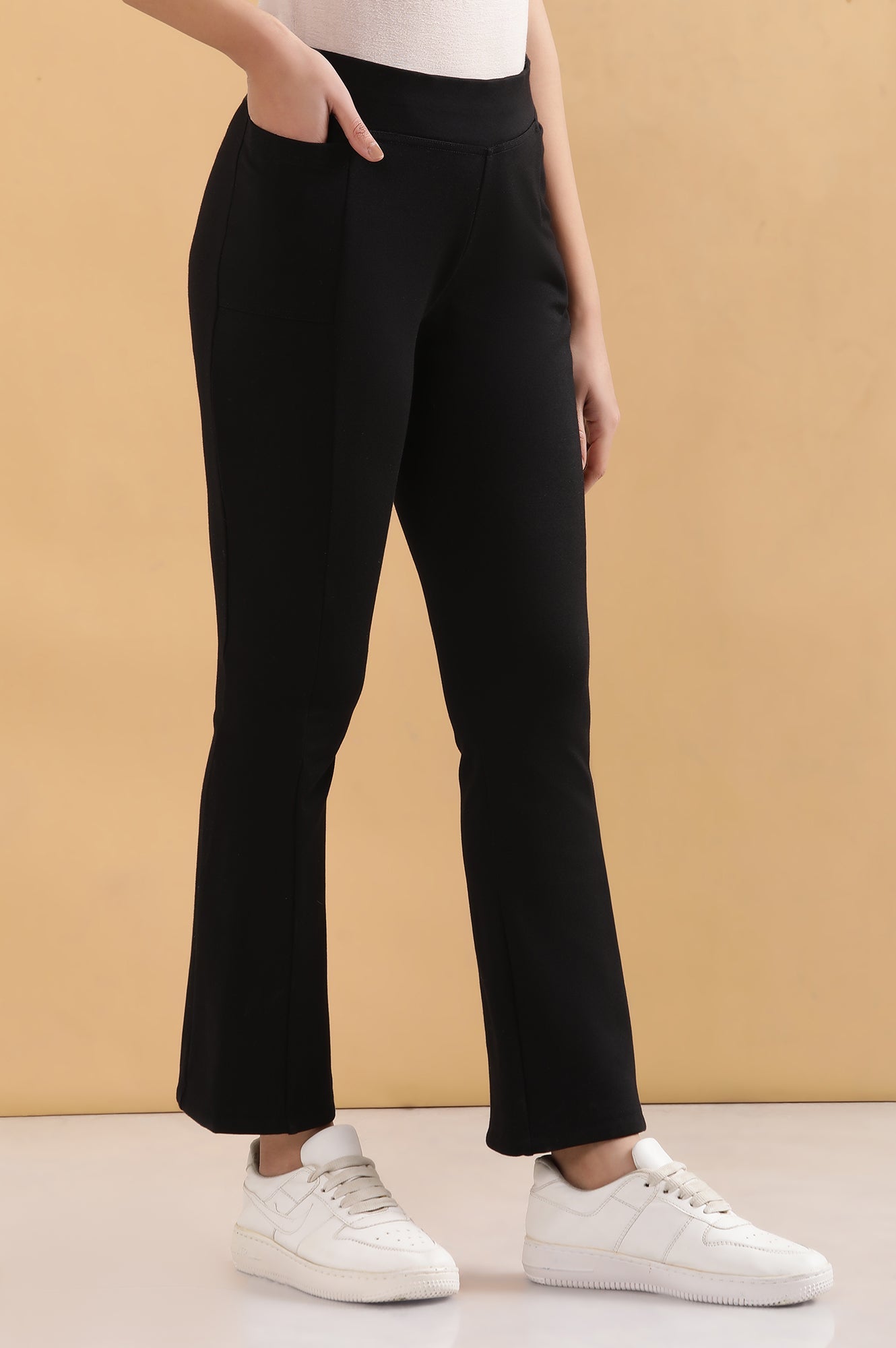 Black Solid Flared Pants With Elasticated Waist
