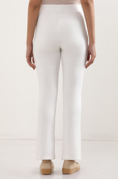 Off White Solid Boot Cut Pants With Elasticated Waist
