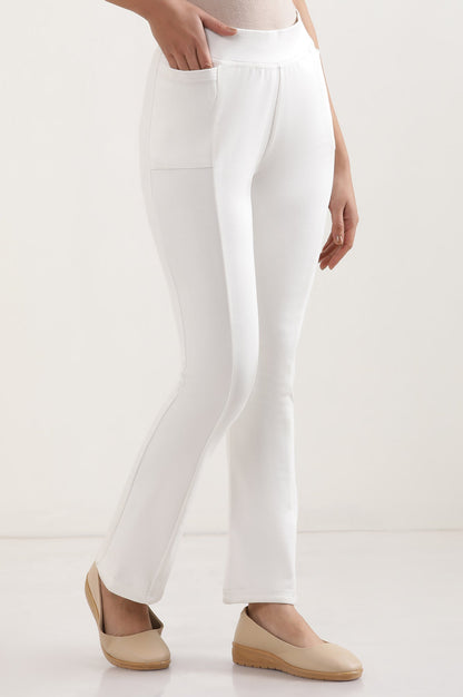 Off White Solid Boot Cut Pants With Elasticated Waist