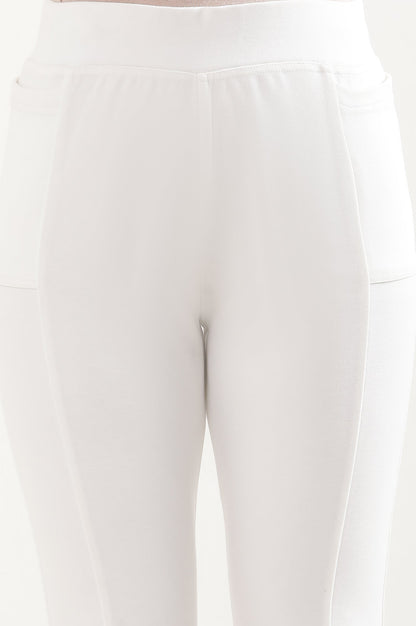 Off White Solid Boot Cut Pants With Elasticated Waist