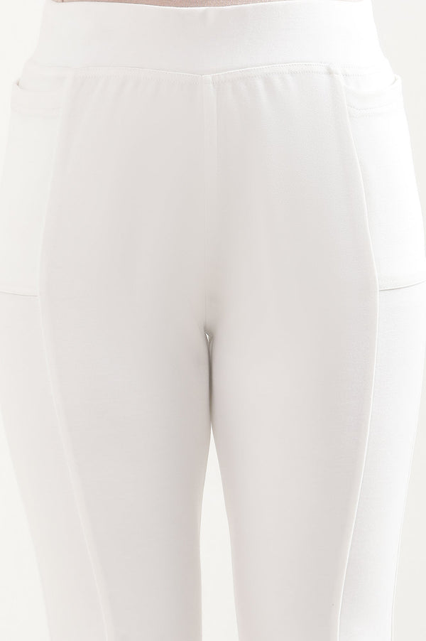Off White Solid Boot Cut Pants With Elasticated Waist
