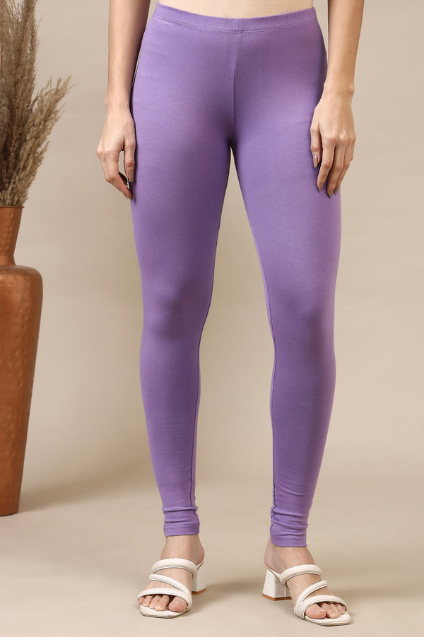 Purple Solid Skinny Fit Cotton Leggings With Elasticated Waist