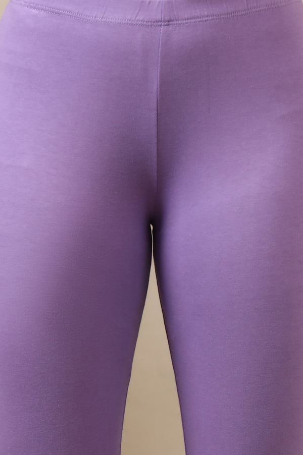 Purple Solid Skinny Fit Cotton Leggings With Elasticated Waist
