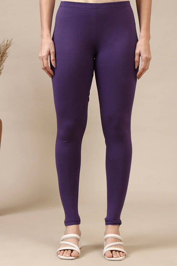 Purple Solid Skinny Fit Cotton Leggings With Slip On Closure