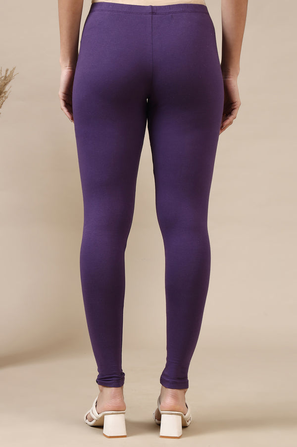 Purple Solid Skinny Fit Cotton Leggings With Slip On Closure