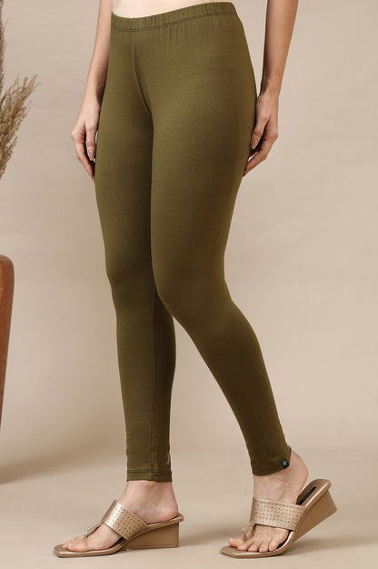 Green Solid Skinny Fit Cotton Lycra Leggings With Elasticated Waist