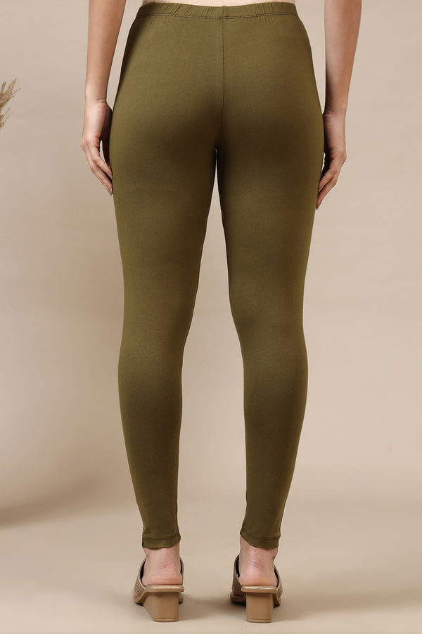 Green Solid Skinny Fit Cotton Lycra Leggings With Elasticated Waist