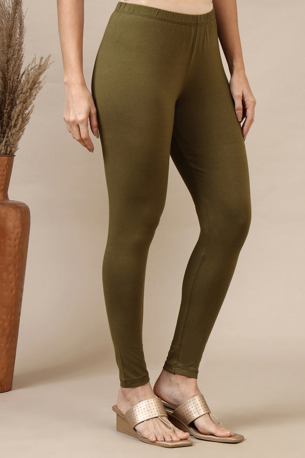 Green Solid Skinny Fit Cotton Lycra Leggings With Elasticated Waist