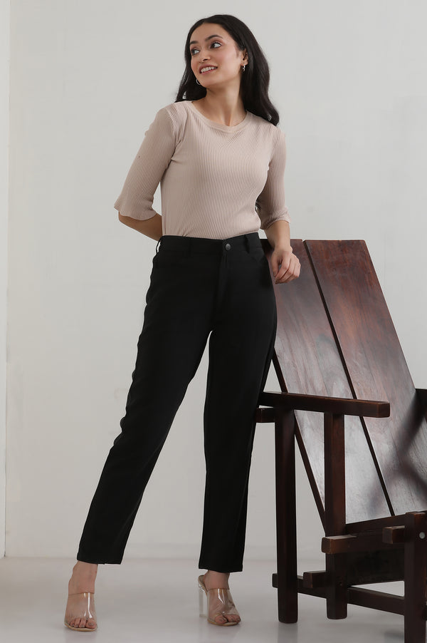 Black Solid Straight Fit Rayon Pants With Button Closure