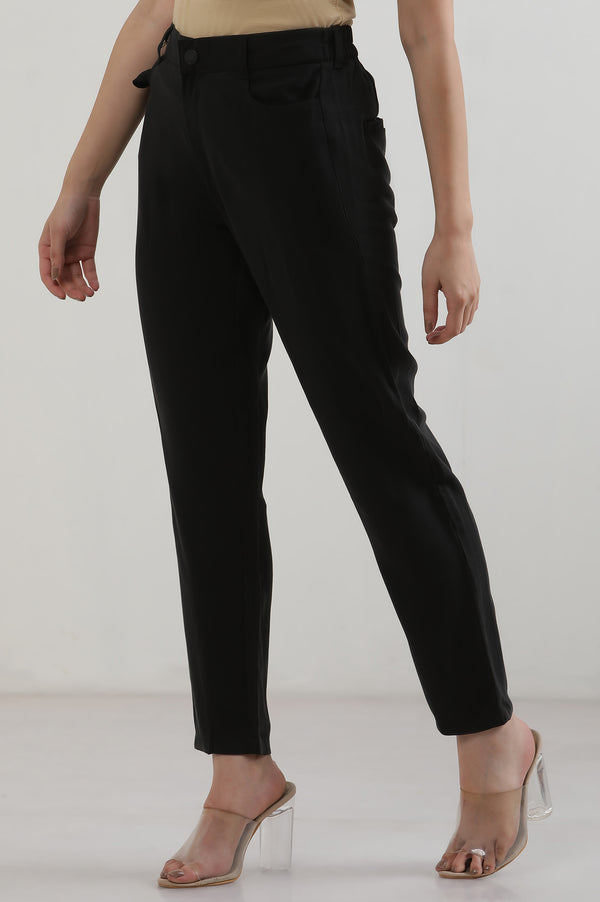 Black Solid Straight Fit Rayon Pants With Button Closure