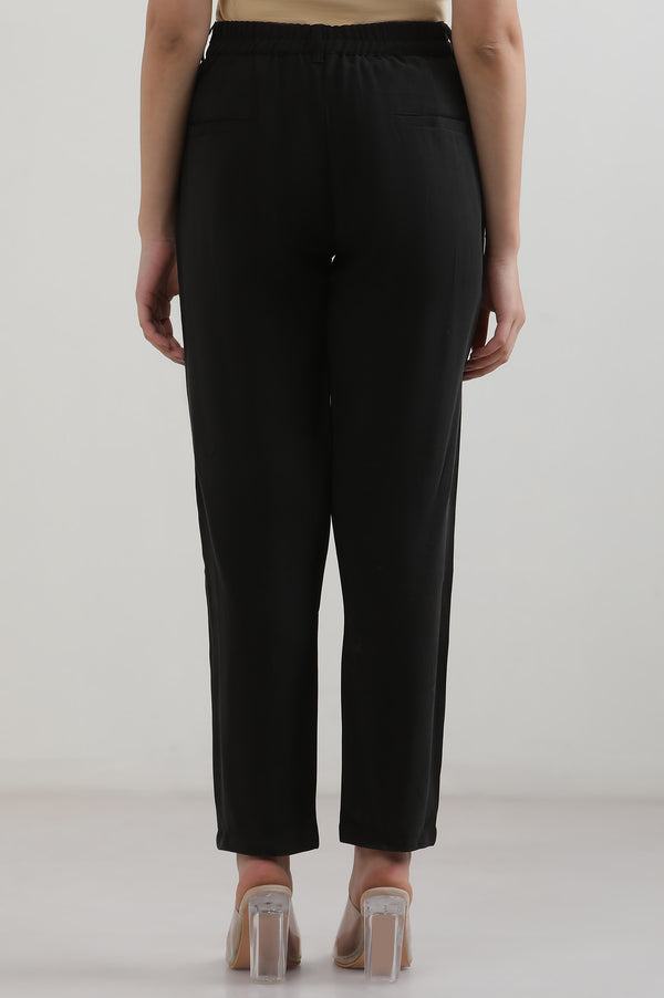 Black Solid Straight Fit Rayon Pants With Button Closure