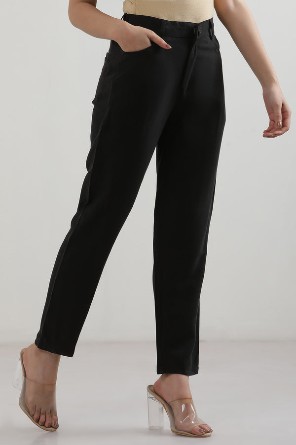 Black Solid Straight Fit Rayon Pants With Button Closure