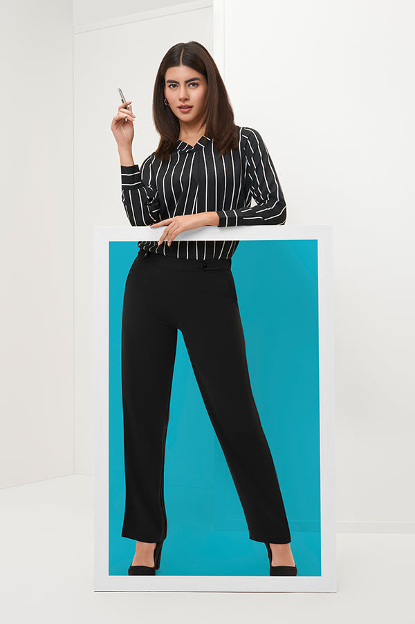 Elleven Women's Black Solid Straight Fit Woven Pants With Zipper Closure