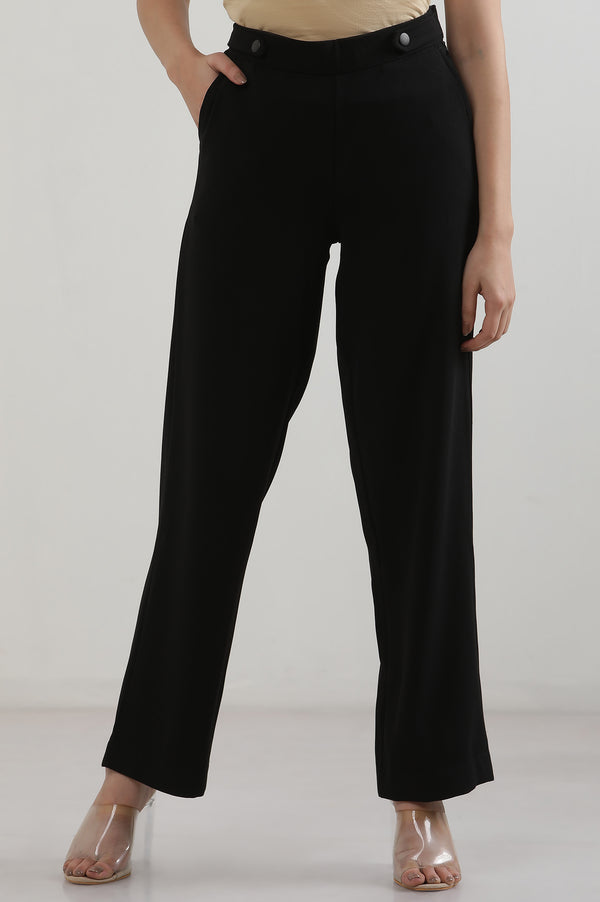 Elleven Women's Black Solid Straight Fit Woven Pants With Zipper Closure
