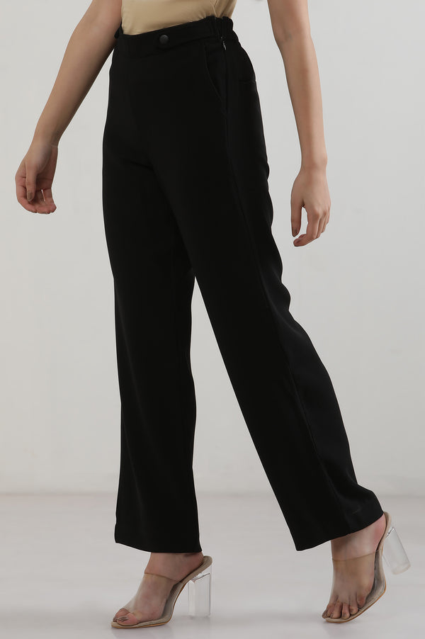 Elleven Women's Black Solid Straight Fit Woven Pants With Zipper Closure