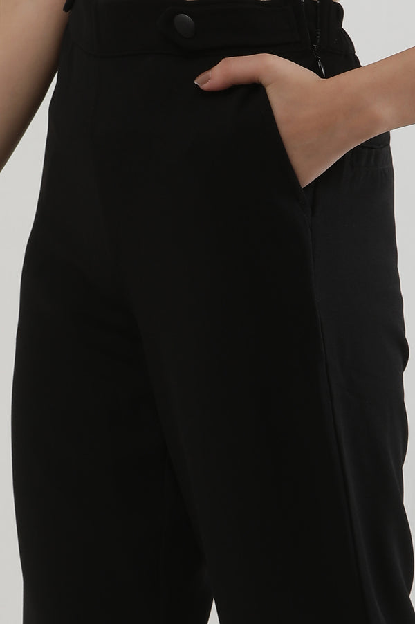 Elleven Women's Black Solid Straight Fit Woven Pants With Zipper Closure
