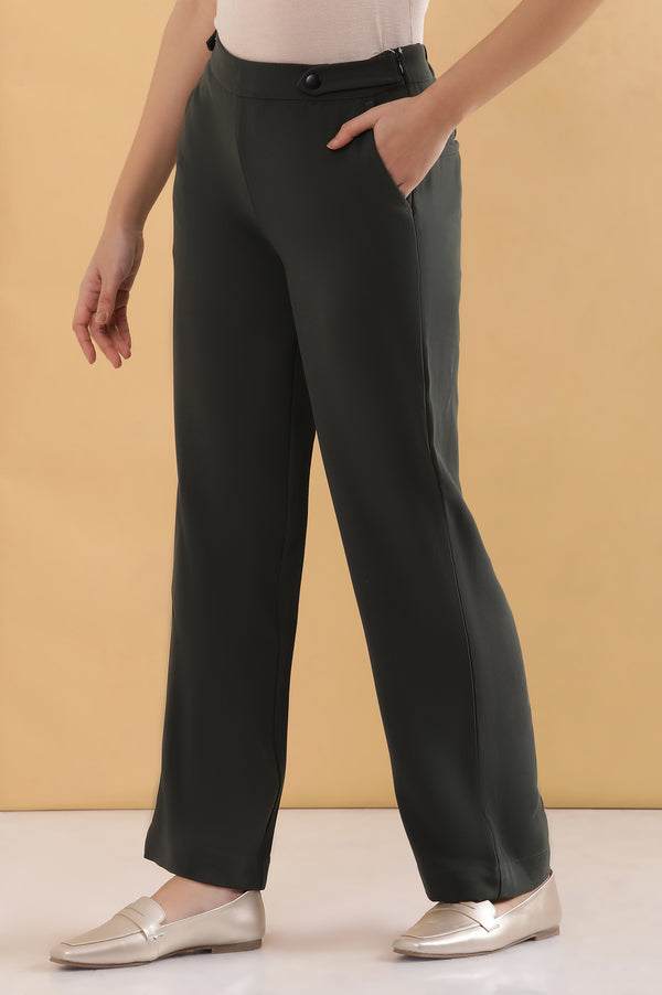 Elleven Women's Olive Green Solid Straight-fit Woven Pants with Side Pockets
