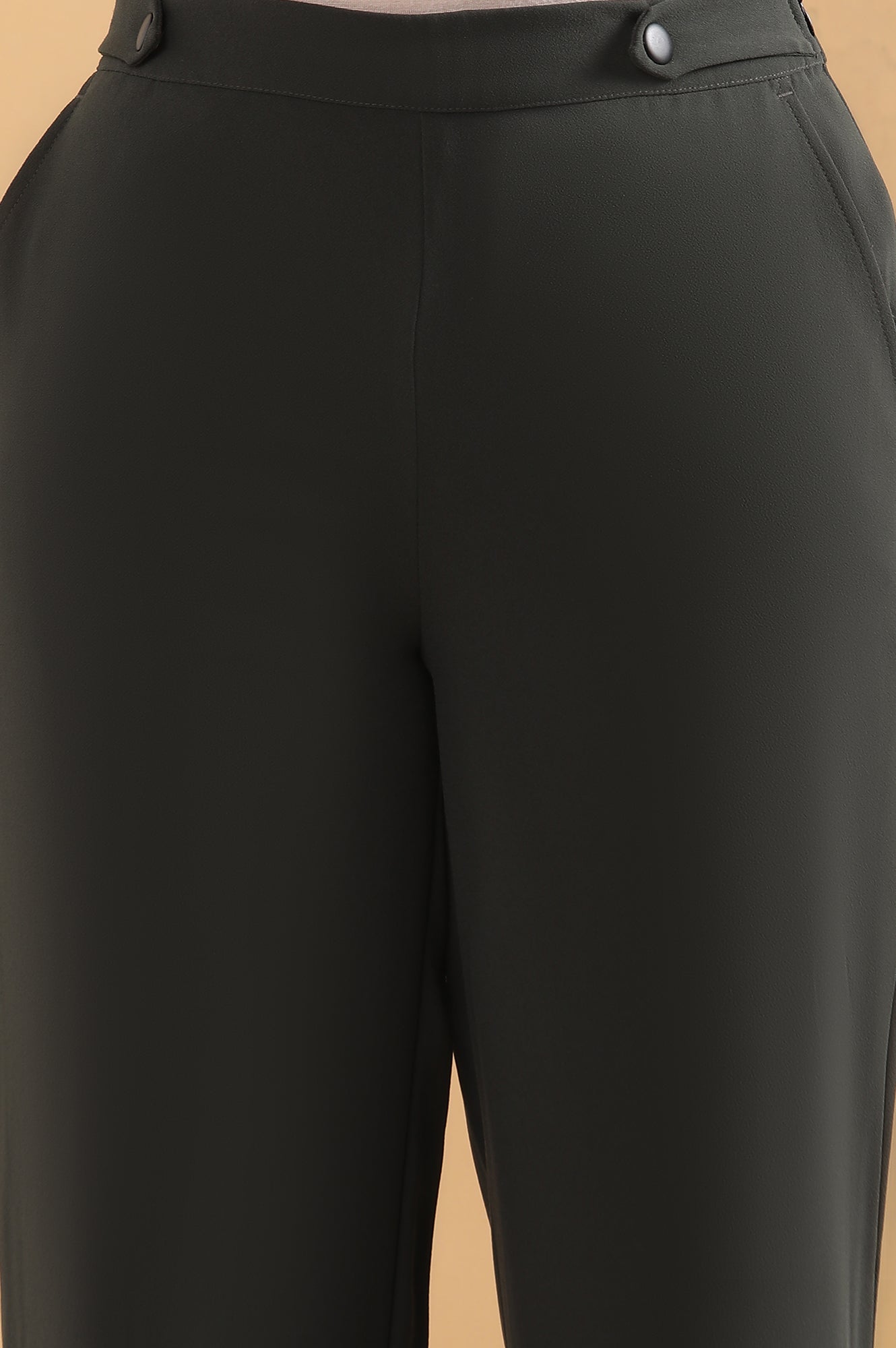 Olive Green Solid Straight-fit Woven Pants with Side Pockets