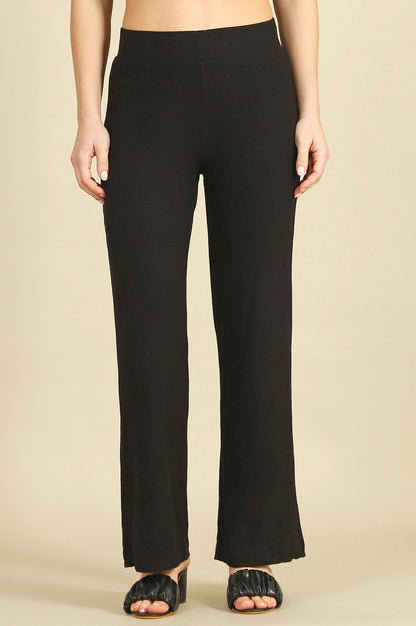 Black Solid Rayon Straight Trousers &amp; Pants