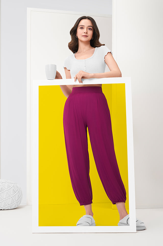 Elleven Women's Purple Solid Loose Fit Pants With Pleated Detail - M