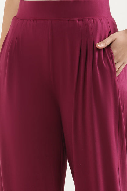 Purple Solid Loose Fit Pants With Pleated Detail