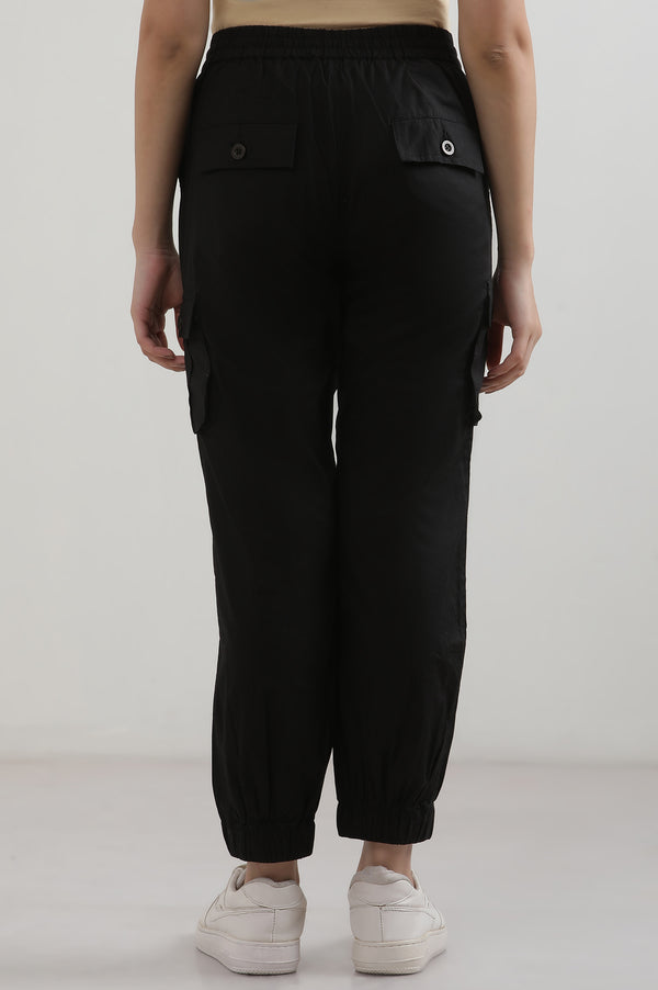 Elleven Women's Black Solid Straight Fit Cotton Cargo Pants With Button And Zip Closure