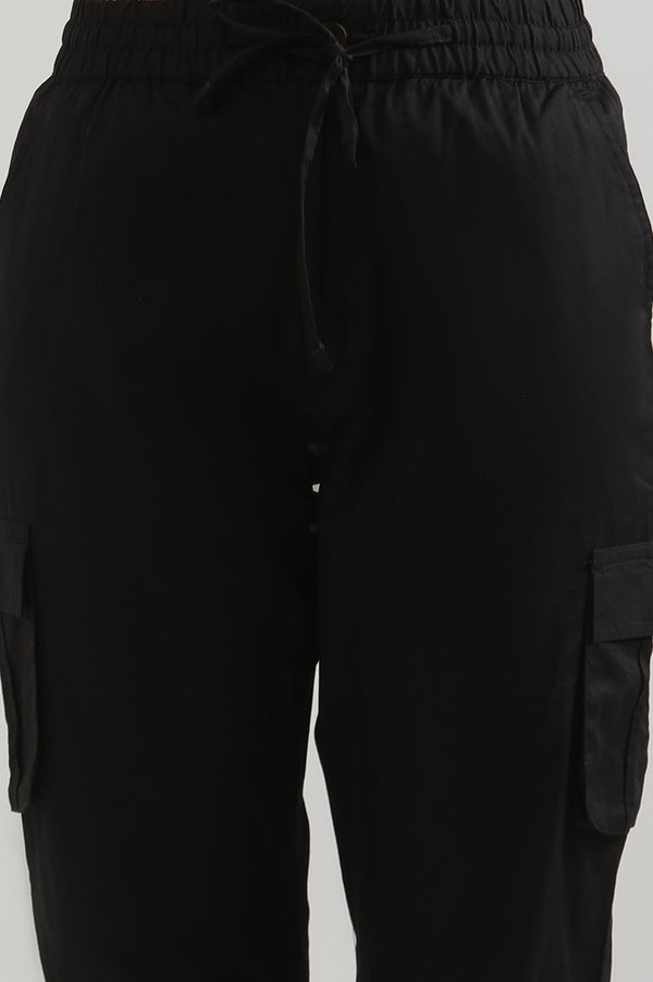 Elleven Women's Black Solid Straight Fit Cotton Cargo Pants With Button And Zip Closure