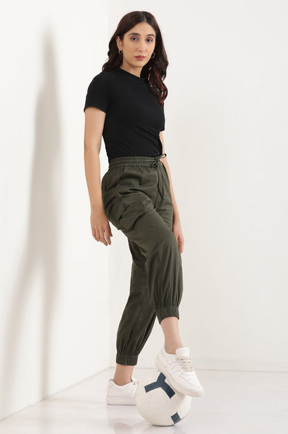 Olive Green Solid Tapered Cotton Pants with Elasticated Waist