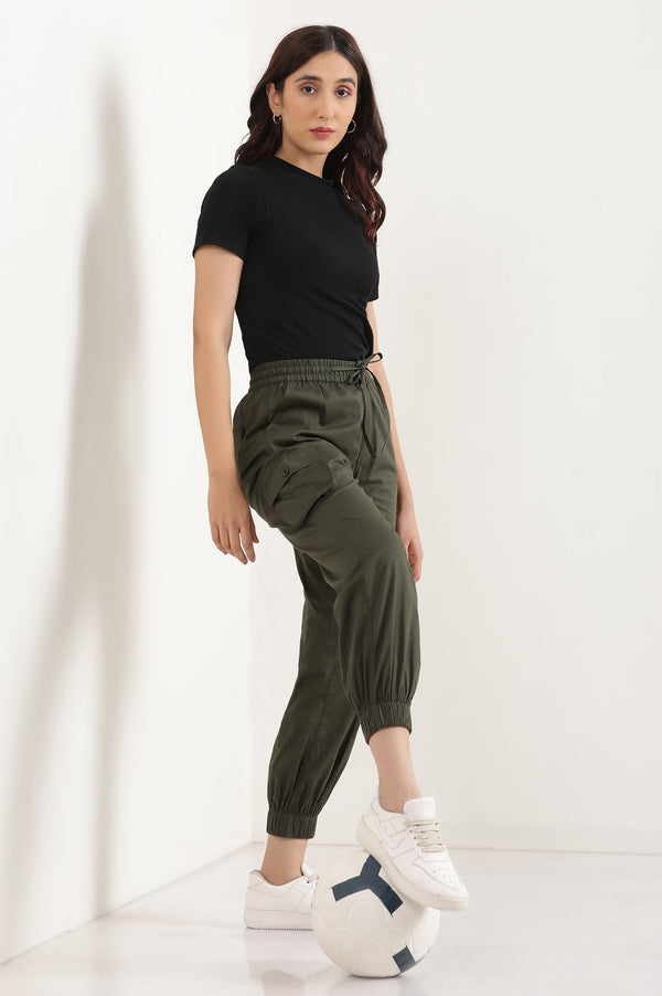 Elleven Women's Olive Green Solid Tapered Cotton Pants with Elasticated Waist